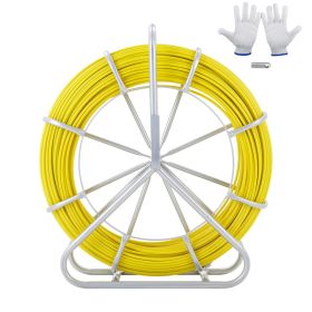 Fish Tape Fiberglass, 656 ft, 1/4 inch, Duct Rodder Fishtape Wire Puller, Cable Running Rod with Steel Reel Stand, 3 Pulling Heads