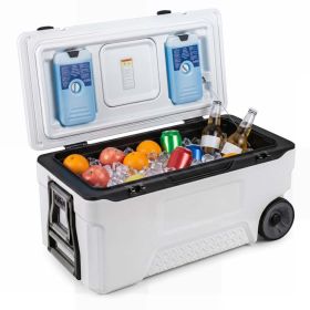 74 Quart Portable Rolling Cooler with Fish Ruler for Outdoor (Color: White)