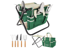 7-Piece Green Gardening Tool Set – Stainless Steel Tools with Wooden Handles, Folding Stool & Canvas Tote, Durable Garden Kit for Every Gardener